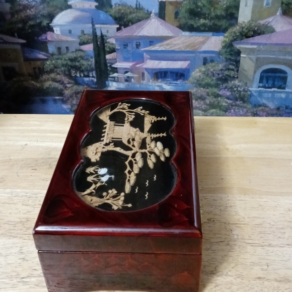 1980's Vintage Chinese Jewelry/Music Box 🎵Oriental Lacquer Wood Satin Lining🎻 - Picture 6 of 14